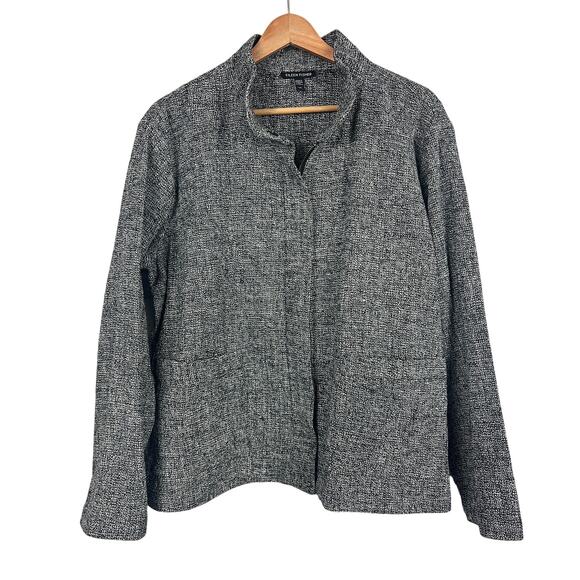 EILEEN FISHER Women's L Black White Organic Cotton Tweed Stand Collar Zip Jacket - Picture 1 of 13
